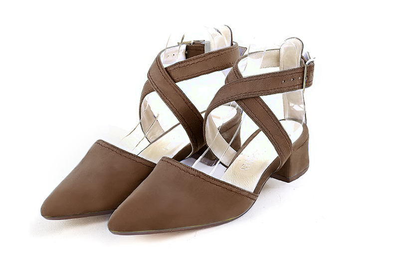 Chocolate brown women's open back shoes, with crossed straps. Tapered toe. Low flare heels. Front view - Florence KOOIJMAN